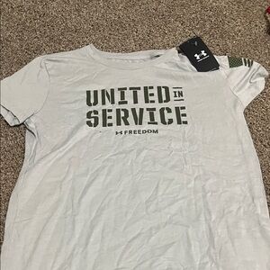 Under Armour Light Gray Tee with Olive Stencil Text